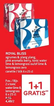 Promotions Royal bliss tonic water 1+1 gratis - Royal Bliss - Valide de 28/02/2024 à 12/03/2024 chez Alvo