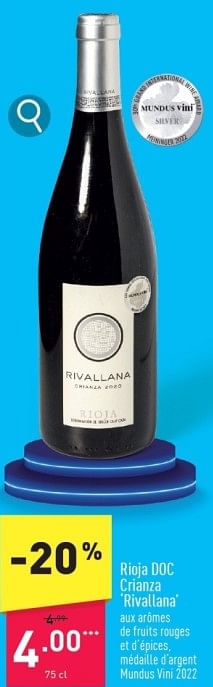 Promotions Rioja doc crianza rivallana - Vins rouges - Valide de 11/03/2024 à 17/03/2024 chez Aldi