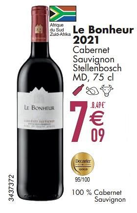 Promoties Le bonheur 2021 cabernet sauvignon stellenbosch md - Rode wijnen - Geldig van 12/03/2024 tot 08/04/2024 bij Cora