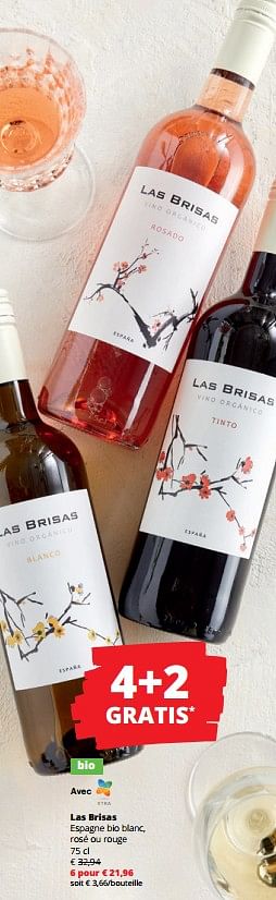Promotions Las brisas espagne bio blanc, rosé ou rouge - Vins rosé - Valide de 14/03/2024 à 27/03/2024 chez Spar (Colruytgroup)