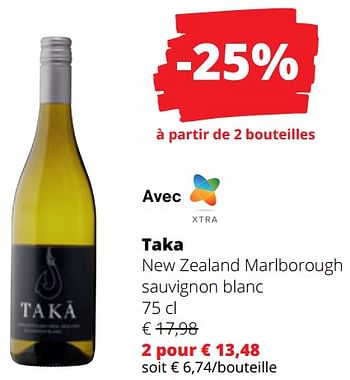 Promotions Taka new zealand marlborough sauvignon blanc - Vins blancs - Valide de 14/03/2024 à 27/03/2024 chez Spar (Colruytgroup)