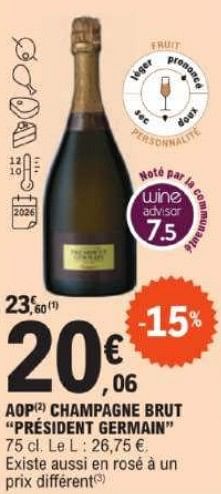 Promotions Aop champagne brut président germain - Champagne - Valide de 12/03/2024 à 23/03/2024 chez E.Leclerc