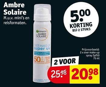 Promoties Ambre solaire over make-up spray spf50 - Garnier - Geldig van 12/03/2024 tot 24/03/2024 bij Kruidvat