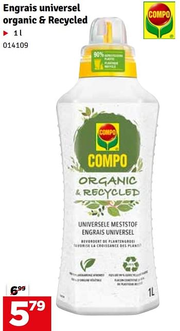 Promotions Engrais universel organic + recycled - Compo - Valide de 12/03/2024 à 28/03/2024 chez Mr. Bricolage