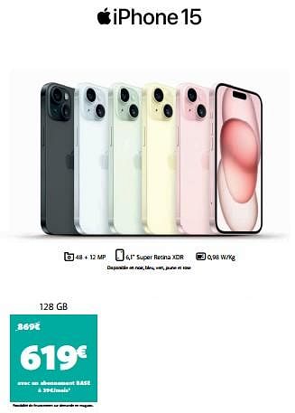 Promotions Apple iphone 15 128 gb - Apple - Valide de 11/03/2024 à 07/04/2024 chez Base