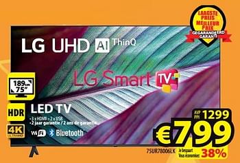 Promotions Lg uhd ai thinq led tv 75ur78006lk - LG - Valide de 13/03/2024 à 20/03/2024 chez ElectroStock