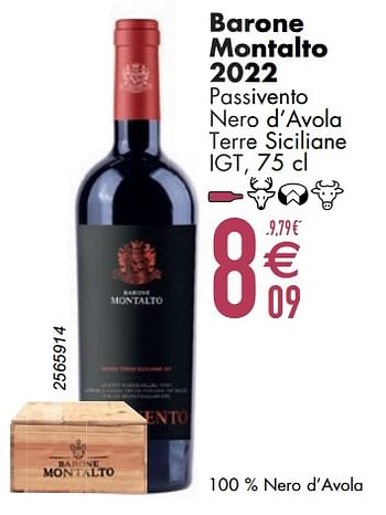 Promoties Barone montalto 2022 passivento nero d`avola terre siciliane - Rode wijnen - Geldig van 12/03/2024 tot 08/04/2024 bij Cora