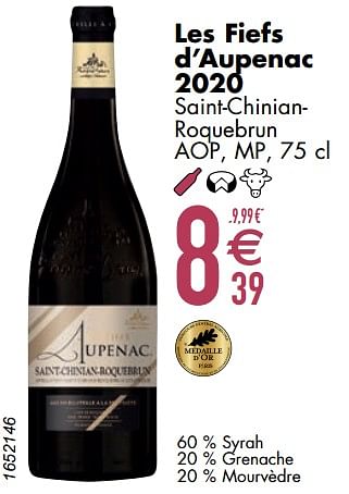 Promotions Les fiefs d`aupenac 2020 saint-chinianroquebrun - Vins rouges - Valide de 12/03/2024 à 08/04/2024 chez Cora