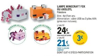 Promotions Lampe minecraft fox ou axolotl - Produit Maison - E.Leclerc - Valide de 12/03/2024 à 30/03/2024 chez E.Leclerc