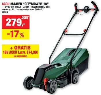 Promoties Bosch accu maaier citymower 18 - Bosch - Geldig van 13/03/2024 tot 24/03/2024 bij Hubo