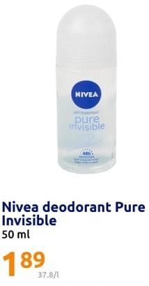 Promoties Nivea deodorant pure invisible - Nivea - Geldig van 13/03/2024 tot 19/03/2024 bij Action