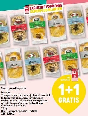 Promoties Verse gevulde pasta ricotta-spinazie - Bertagni - Geldig van 14/03/2024 tot 20/03/2024 bij Delhaize