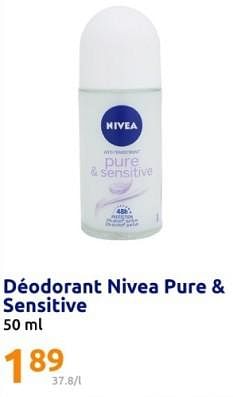 Promotions Déodorant nivea pure + sensitive - Nivea - Valide de 13/03/2024 à 19/03/2024 chez Action
