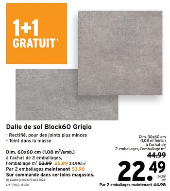 Promotions Dalle de sol block60 grigio - Produit maison - Gamma - Valide de 13/03/2024 à 26/03/2024 chez Gamma