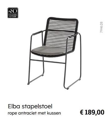 Promoties Elba stapelstoel rope antraciet met kussen - 4 Seasons outdoor - Geldig van 08/03/2024 tot 30/06/2024 bij Multi Bazar