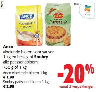 Promoties Anco vloeiende bloem voor sausen 1 kg en beslag of soubry alle patisseriebloem - Anco - Geldig van 13/03/2024 tot 26/03/2024 bij Colruyt