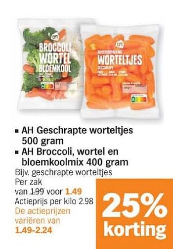 Promotions Ah geschrapte worteltjes ah broccoli, wortel en bloemkoolmix - Produit Maison - Albert Heijn - Valide de 18/03/2024 à 24/03/2024 chez Albert Heijn