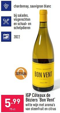 Promoties Igp côteaux de béziers bon vent - Witte wijnen - Geldig van 25/03/2024 tot 30/03/2024 bij Aldi