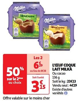Promoties L`oeuf coque lait milka - Milka - Geldig van 19/03/2024 tot 31/03/2024 bij Auchan