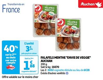 Promoties Falafels menthe envie de veggie auchan - Huismerk - Auchan - Geldig van 19/03/2024 tot 31/03/2024 bij Auchan
