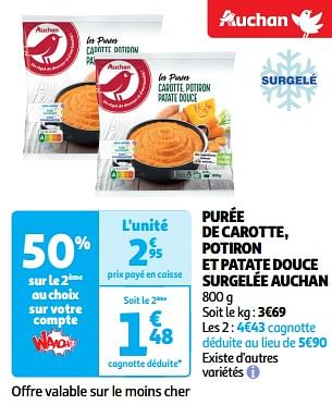 Promotions Purée de carotte, potiron et patate douce surgelée auchan - Produit Maison - Auchan Ronq - Valide de 19/03/2024 à 31/03/2024 chez Auchan Ronq