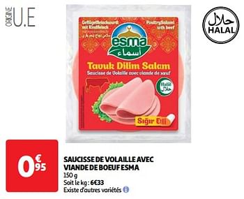 Promoties Saucisse de volaille avec viande de boeuf esma - Esma - Geldig van 19/03/2024 tot 31/03/2024 bij Auchan