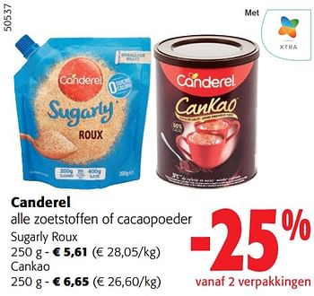 Promoties Canderel alle zoetstoffen of cacaopoeder - Canderel - Geldig van 13/03/2024 tot 26/03/2024 bij Colruyt