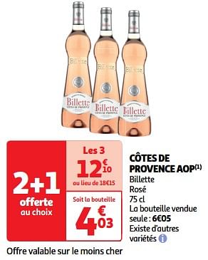 Promotions Côtes de provence aop billette rosé - Vins rosé - Valide de 19/03/2024 à 31/03/2024 chez Auchan Ronq