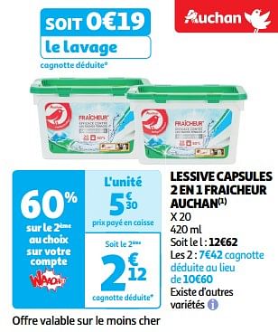 Promoties Lessive capsules 2 en 1 fraicheur auchan - Huismerk - Auchan - Geldig van 19/03/2024 tot 31/03/2024 bij Auchan