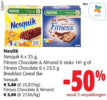 Promoties Nestlé nesquik fitness chocolate + almond 6 stuks of fitness chocolate breakfast cereal bar - Nestlé - Geldig van 13/03/2024 tot 26/03/2024 bij Colruyt