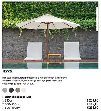 Promoties Houtstokparasol luxe - Gescova Outdoor Living - Geldig van 08/03/2024 tot 30/06/2024 bij Multi Bazar