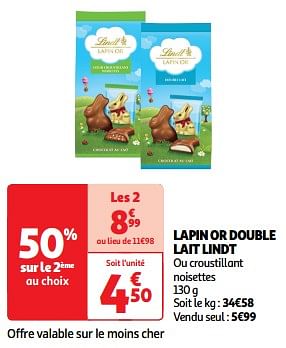 Promotions Lapin or double lait lindt - Lindt - Valide de 19/03/2024 à 31/03/2024 chez Auchan Ronq