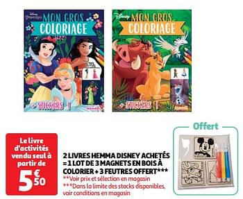Promotions 2 livres hemma disney achetés = 1 lot de 3 magnets en bois à colorier + 3 feutres offert - Disney - Valide de 19/03/2024 à 31/03/2024 chez Auchan Ronq