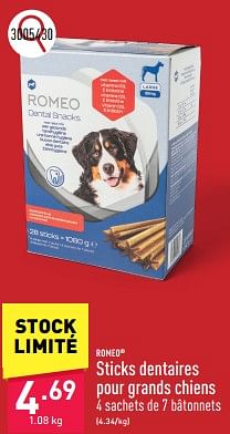 Promoties Sticks dentaires pour grands chiens - Romeo - Geldig van 25/03/2024 tot 30/03/2024 bij Aldi