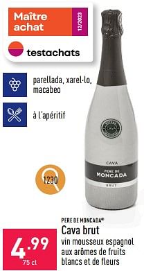 Promotions Cava brut vin mousseux espagnol aux arômes de fruits blancs et de fleurs - Mousseux - Valide de 25/03/2024 à 30/03/2024 chez Aldi