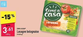 Promoties Lasagne bolognaise - Come a Casa - Geldig van 25/03/2024 tot 30/03/2024 bij Aldi