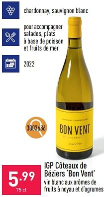 Promotions Igp côteaux de béziers bon vent - Vins blancs - Valide de 25/03/2024 à 30/03/2024 chez Aldi