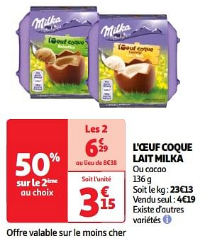 Promoties L`oeuf coque lait milka - Milka - Geldig van 19/03/2024 tot 01/04/2024 bij Auchan