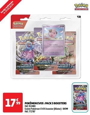 Promoties Pokémon ev05 : pack 3 boosters - Pokemon - Geldig van 19/03/2024 tot 01/04/2024 bij Auchan