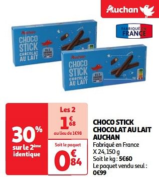 Promoties Choco stick chocolat au lait auchan - Huismerk - Auchan - Geldig van 19/03/2024 tot 01/04/2024 bij Auchan