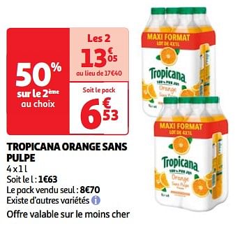 Promoties Tropicana orange sans pulpe - Tropicana - Geldig van 19/03/2024 tot 01/04/2024 bij Auchan
