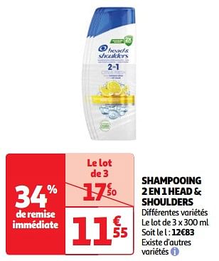 Promoties Shampooing 2 en 1 head + shoulders - Head & Shoulders - Geldig van 19/03/2024 tot 01/04/2024 bij Auchan