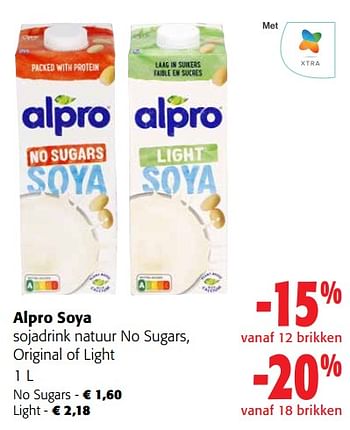 Promoties Alpro soya sojadrink natuur no sugars, original of light - Alpro - Geldig van 13/03/2024 tot 26/03/2024 bij Colruyt