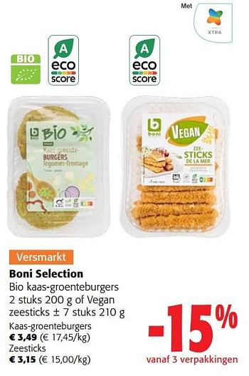 Promoties Boni selection bio kaas-groenteburgers of vegan zeesticks - Boni - Geldig van 13/03/2024 tot 26/03/2024 bij Colruyt