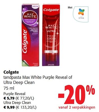 Promoties Colgate tandpasta max white purple reveal of ultra deep clean - Colgate - Geldig van 13/03/2024 tot 26/03/2024 bij Colruyt