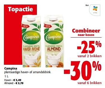 Promoties Campina plantaardige haver- of amandeldrink - Campina - Geldig van 13/03/2024 tot 26/03/2024 bij Colruyt
