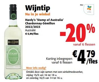 Promoties Hardy`s stamp of australia chardonnay-sémillon 2022-2023 - Witte wijnen - Geldig van 13/03/2024 tot 26/03/2024 bij Colruyt
