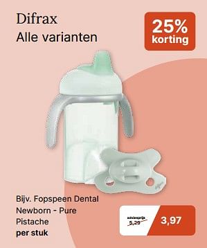 Promotions Fopspeen dental newborn - pure pistache - Difrax - Valide de 13/03/2024 à 30/03/2024 chez De Online Drogist