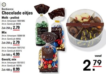 Promoties Chocolade eitjes melk praliné - Bonbiance - Geldig van 14/03/2024 tot 30/03/2024 bij Sligro