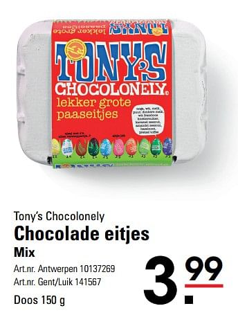 Promotions Chocolade eitjes mix - Tony's Chocolonely - Valide de 14/03/2024 à 30/03/2024 chez Sligro